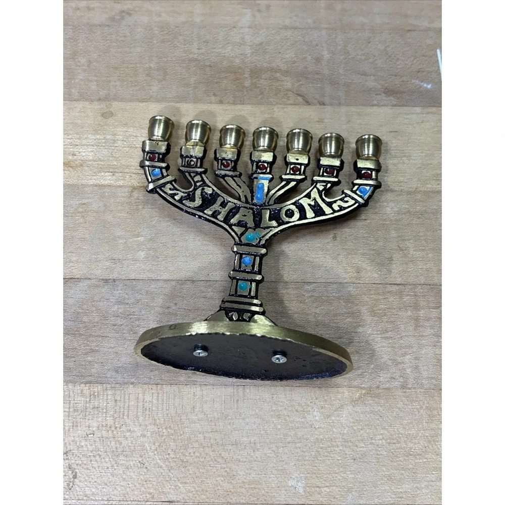 Vintage Brass Shalom Jerusalem 7 Branch Menorah Judaica Candle Holder Enamel